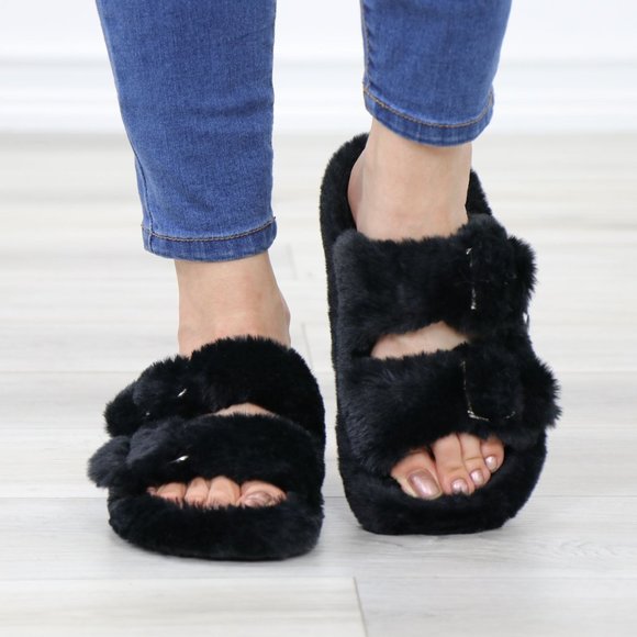 Black Puff Fuzzy Fluffy Slip On Plush Slippers Double Strap - Picture 14 of 16